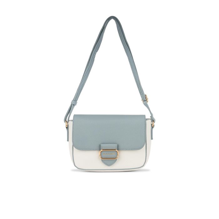 Borsa azzurra e bianca da donna con tracolla regolabile