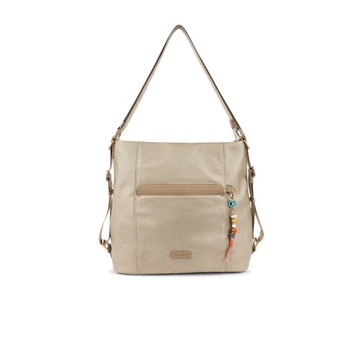Borsa beige da donna con tasca frontale e ciondolo