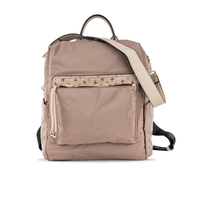 Zainetto beige da donna in tessuto con spallacci e tracolla aggiuntiva