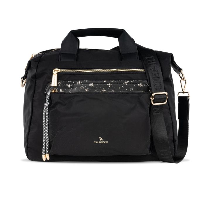 Borsa nera da donna in tessuto con tasche frontali e tracolla removibile in tessuto