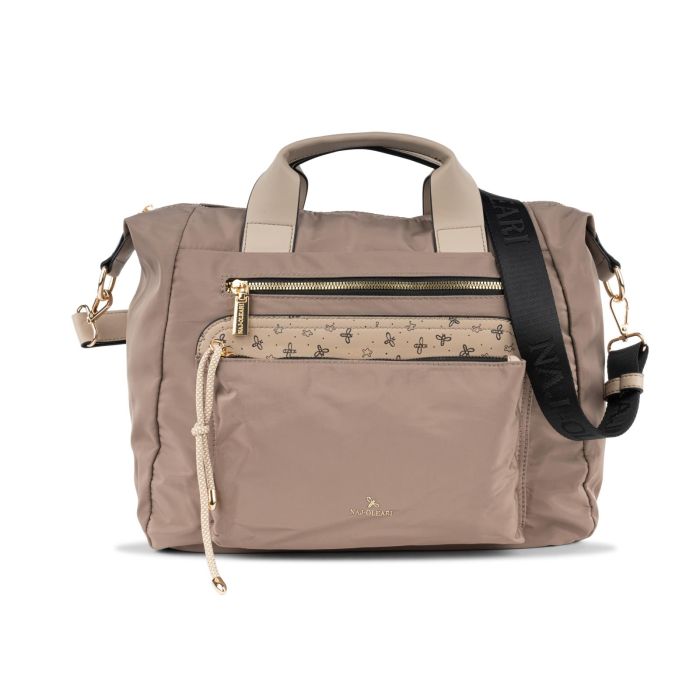 Borsa beige da donna in tessuto con tasche frontali e tracolla removibile in tessuto