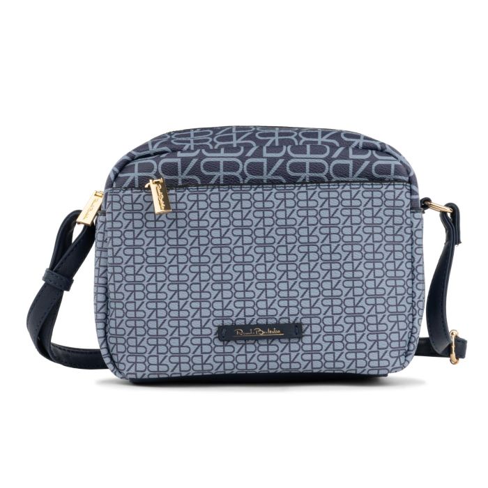 Borsa blu da donna in stampa multilogo con tracolla