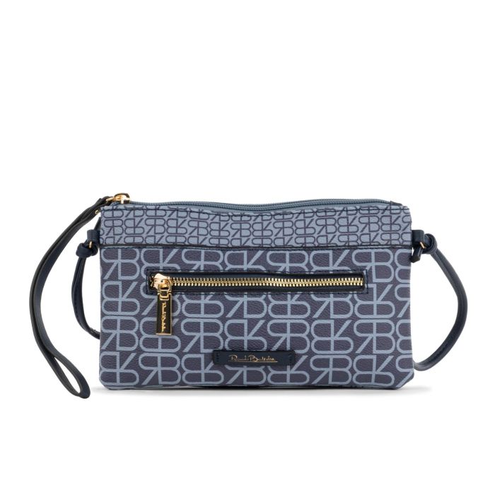 Borsetta blu da donna in stampa multilogo con taschina frontale e tracolla