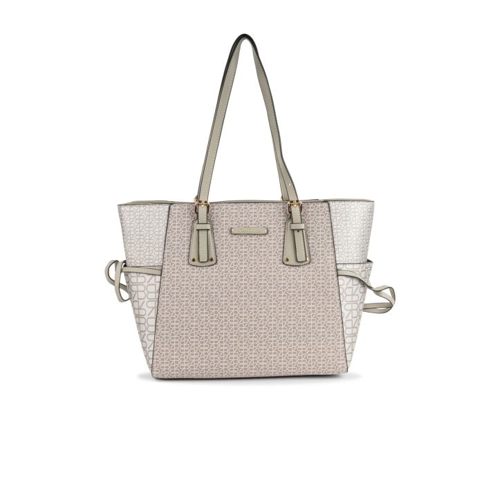 Shopper argento e beige da donna con stampa multilogo