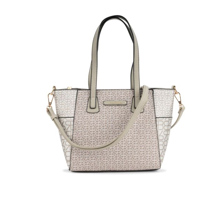 Shopper argento e beige da donna con stampa multilogo e tracolla removibile
