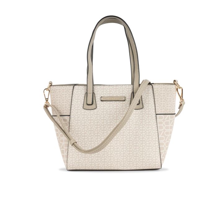 Shopper beige da donna con stampa multilogo e tracolla removibile