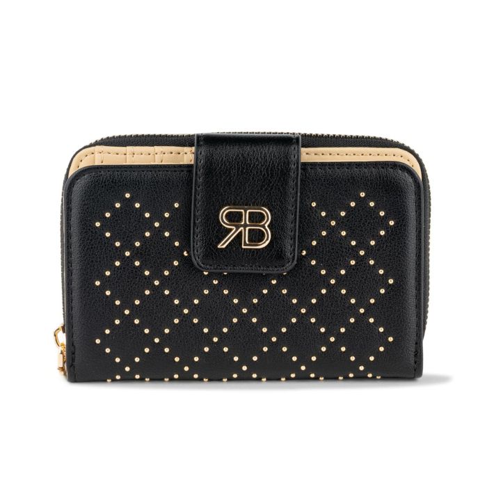 Portafoglio nero da donna con borchie e logo