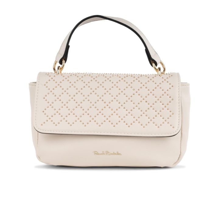 Borsa bianca da donna effetto trapuntato con borchie e logo