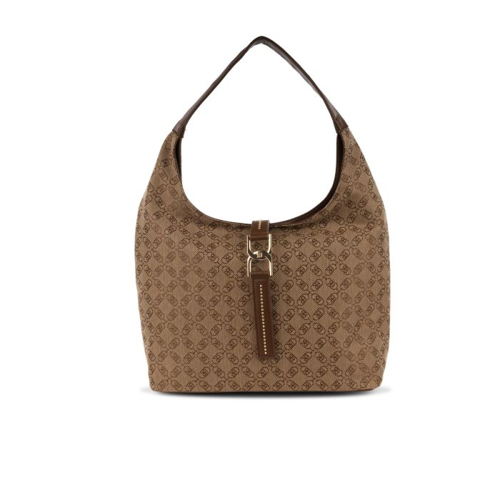 Hobo bag marrone da donna in stampa multi logo con fibbia