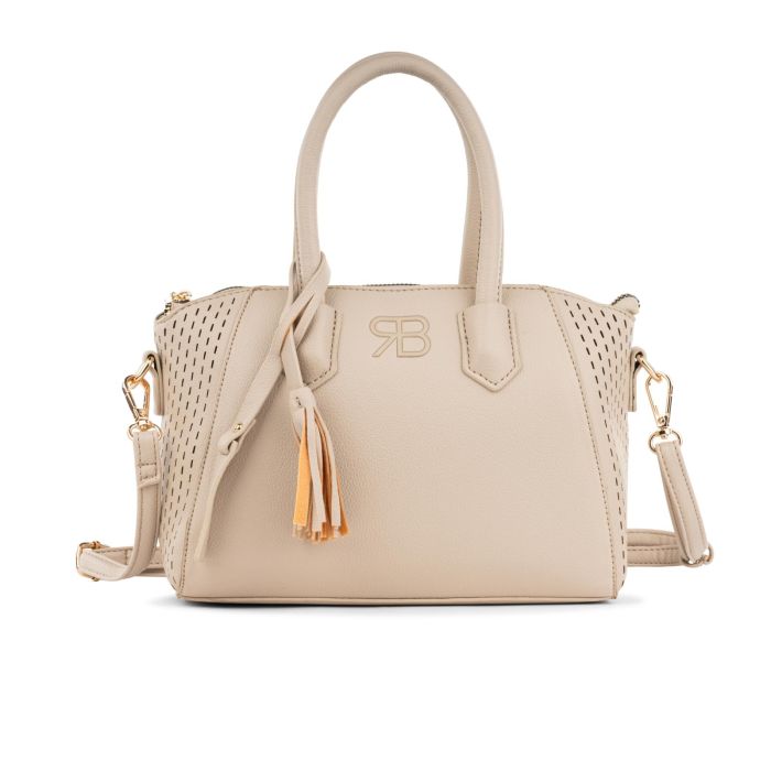 Borsa a mano beige con nappina e tracolla removibile
