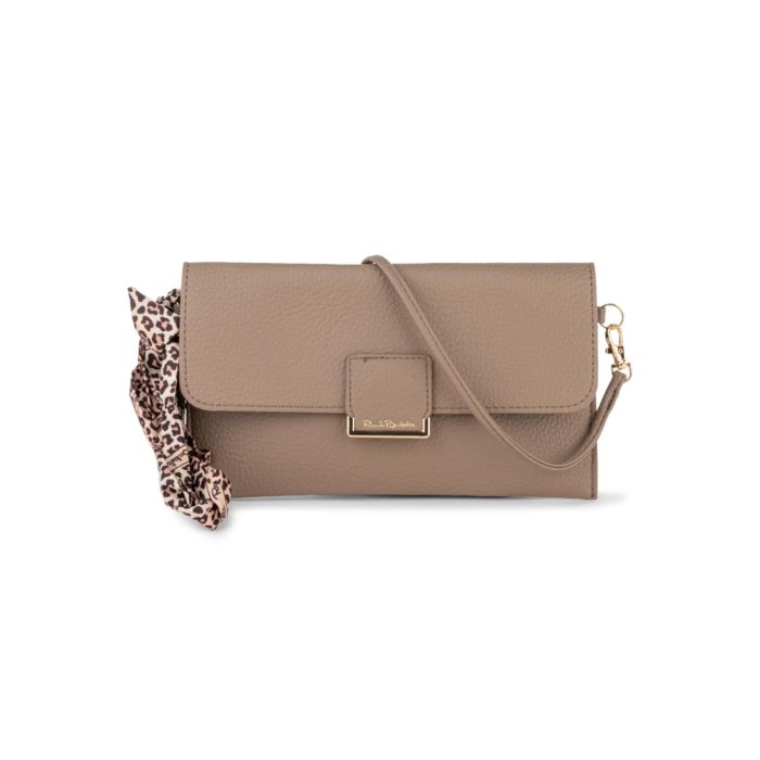 Pochette beige da donna con tracollina removibile e dettaglio foulard animalier