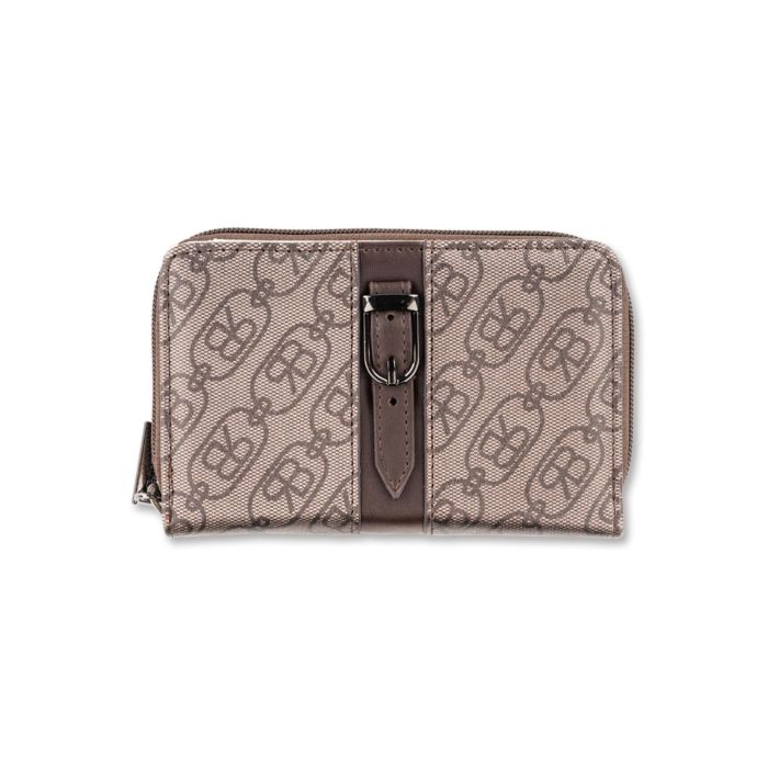 Portafoglio marrone da donna con stampa multi logo e fibbia