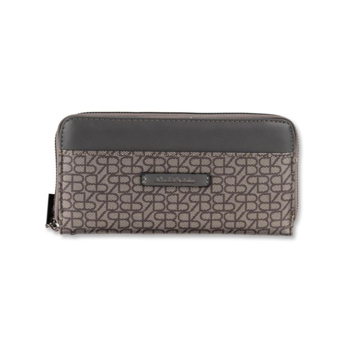 Portafoglio orizzontale girgio da donna con stampa multi logo e zip