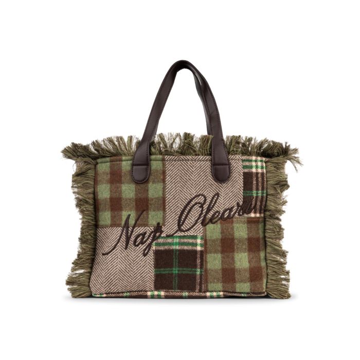 Borsa a mano verde da donna in tessuto stile patchwork con ricamo logo