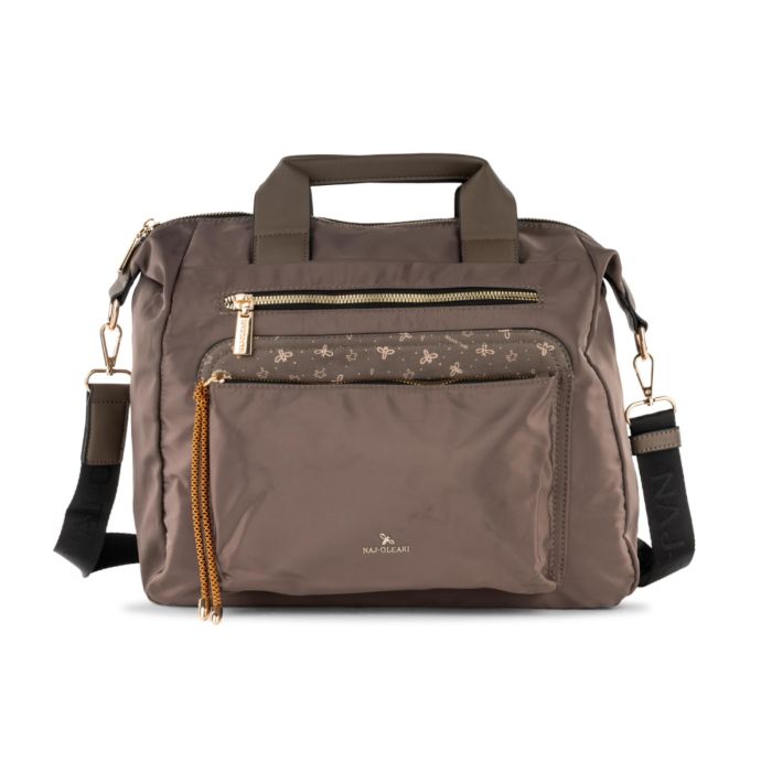 Borsa a mano marrone da donna in tessuto tecnico con tasca frontale