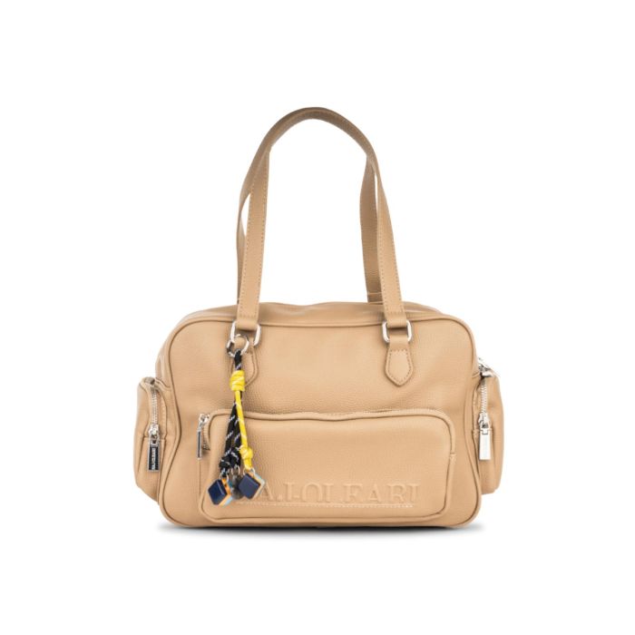 Borsa beige a mano da donna con ciondoli colorati e tasche laterali