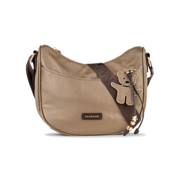 Moon bag beige da donna con ciondolo orsetto e tracolla