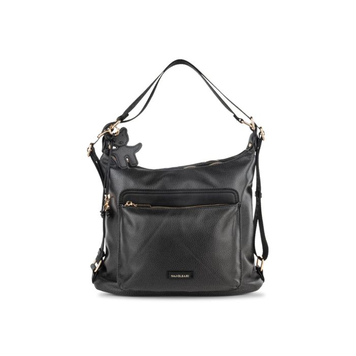 Borsa nera da donna con tracolla regolabile e ciondolo orsetto