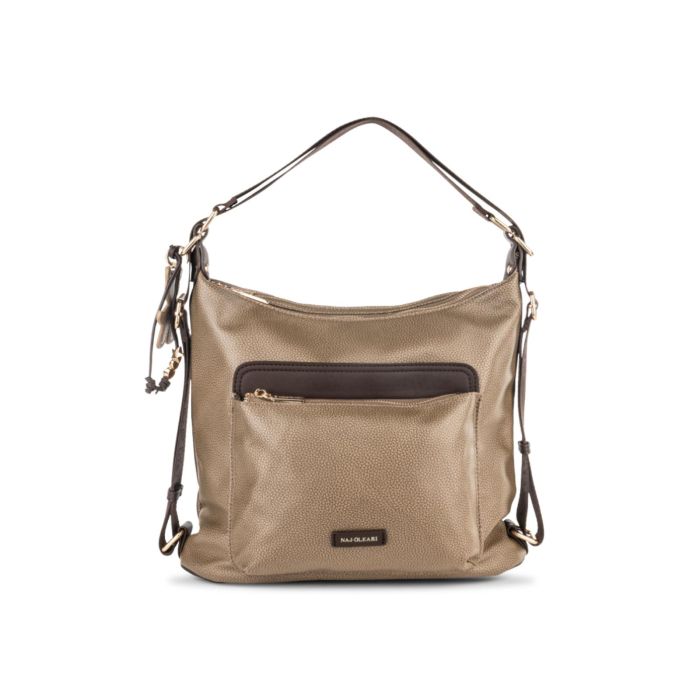 Borsa beige da donna con tracolla regolabile e ciondolo orsetto