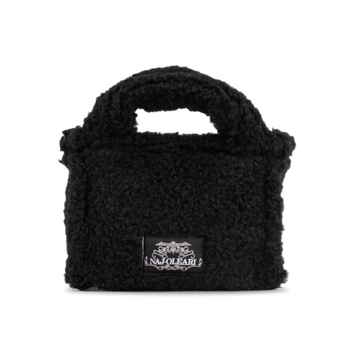Borsa a mano nera da donna in peluche con etichetta logo