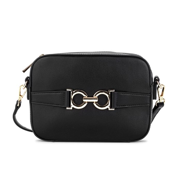 Borsa nera in pelle con tracolla e dettaglio cromato