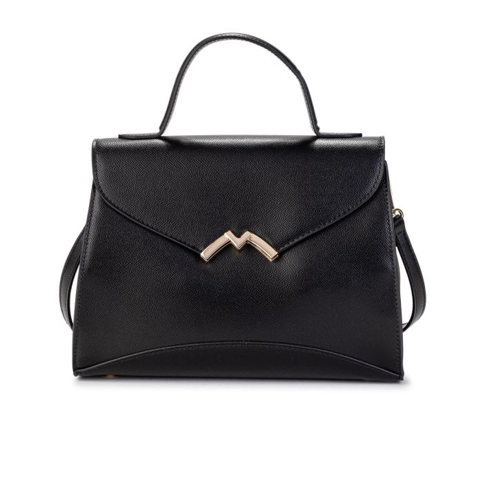 Borsa nera in pelle rigida con manico e tracolla con chiusura patta