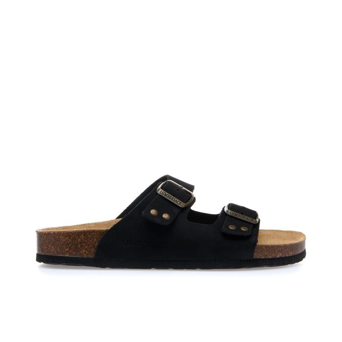 Sandali neri doppia fibbia in pelle con fondo effetto sughero