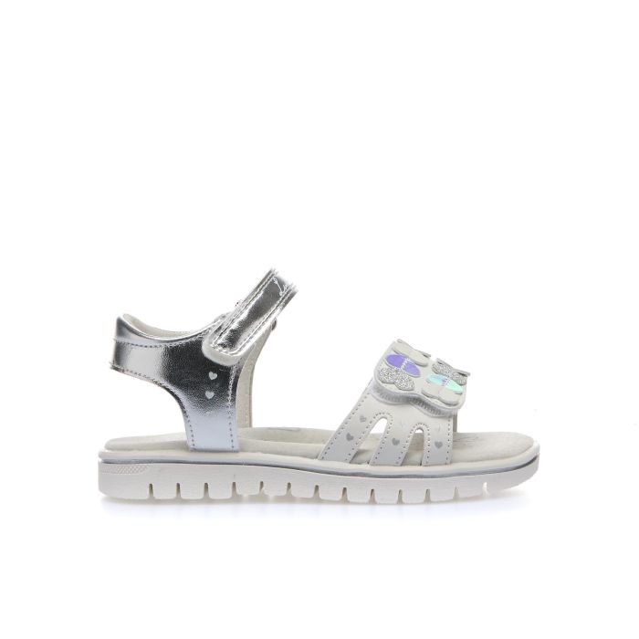 Sandali bianchi e argento in pelle con velcro e cuori
