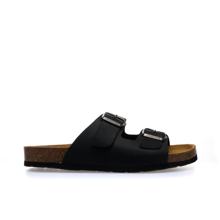 Sandali neri in pelle con fondo effetto sughero e fibbie