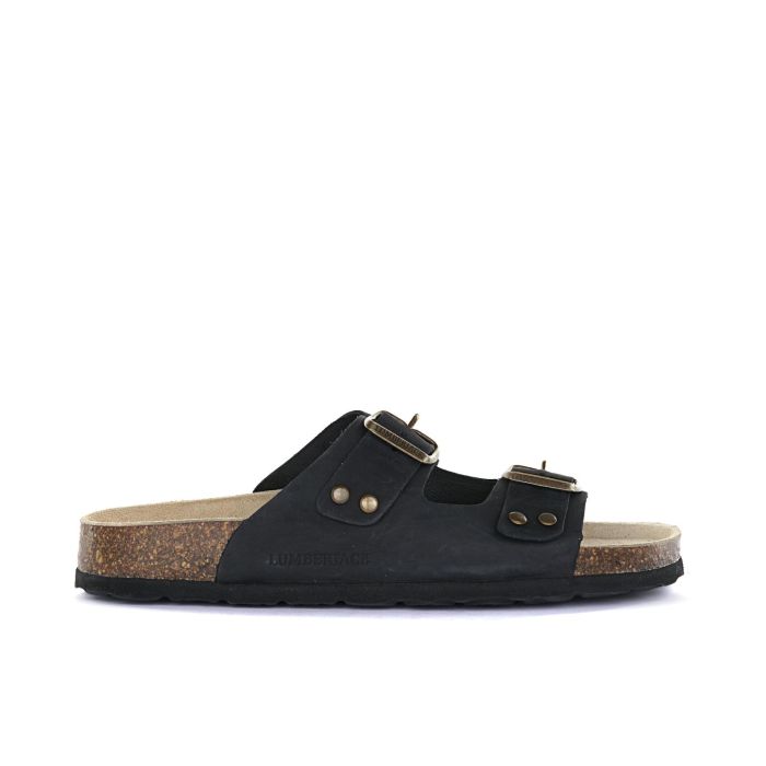 Sandali neri da donna in pelle con doppia fibbia e fondo effetto sughero