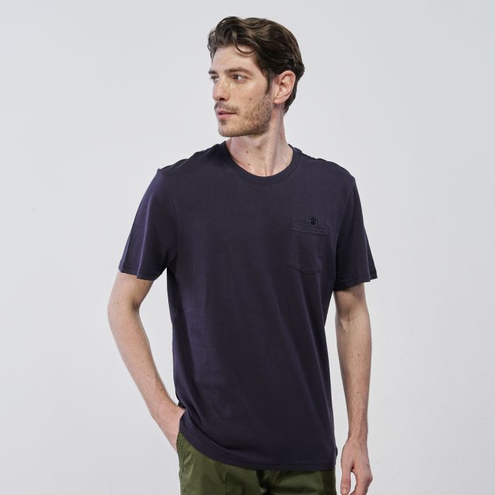 T-shirt blu da uomo in cotone con maniche corte e taschino