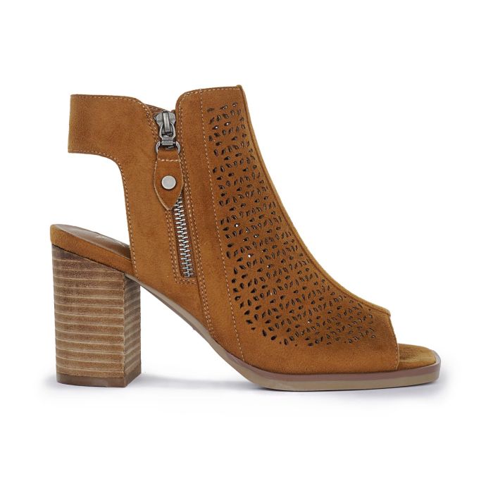 Sandali marroni con tacco alto, zip e inserto laserato
