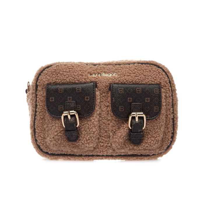 Borsetta a tracolla con tasche esterne e dettagli con stampa multilogo