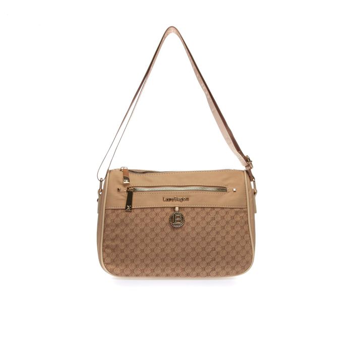Borsa beige in fantasia multi-logo con tracolla regolabile in tessuto