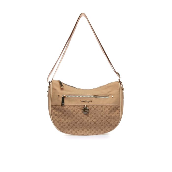 Borsa a mezza luna beige con fantasia multi-logo e tracolla regolabile in tessuto