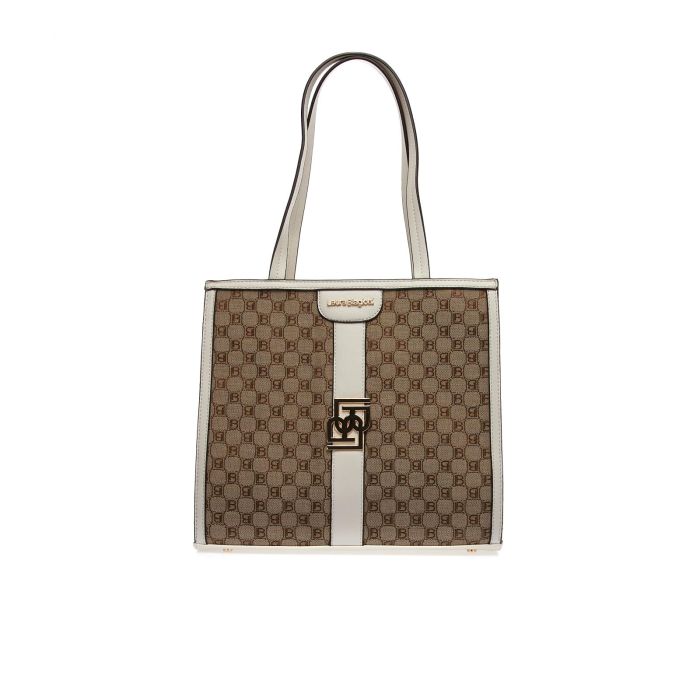 Tote bag bianca e marrone in fantasia multi-logo