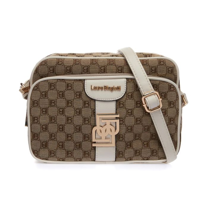 Borsetta marrone in fantasia multi-logo con tracolla regolabile