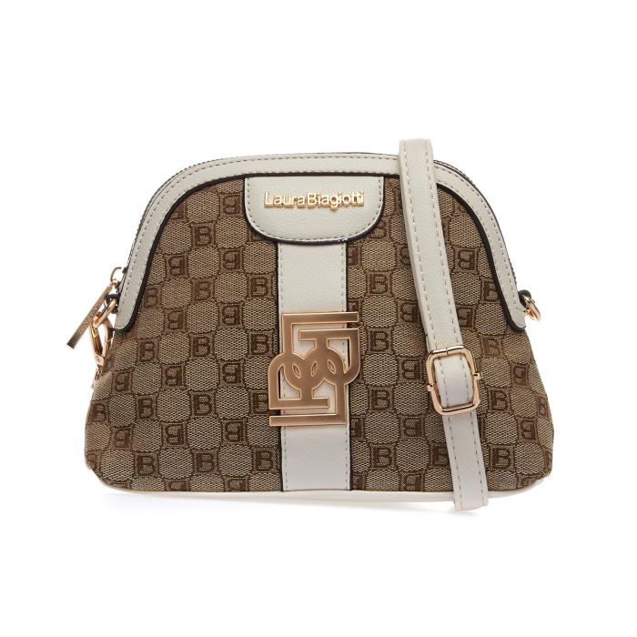 Borsetta marrone a trapezio in fantasia multi-logo con tracolla regolabile