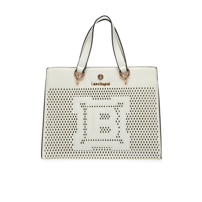 Tote bag bianca effetto traforato con maxi logo