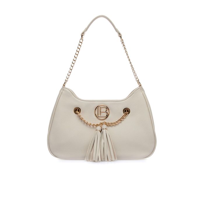 Tote bag panna a trapezio con nappine e logo