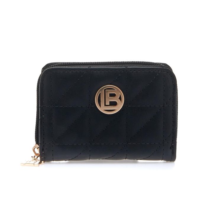 Portafoglio nero da donna con logo e cuciture