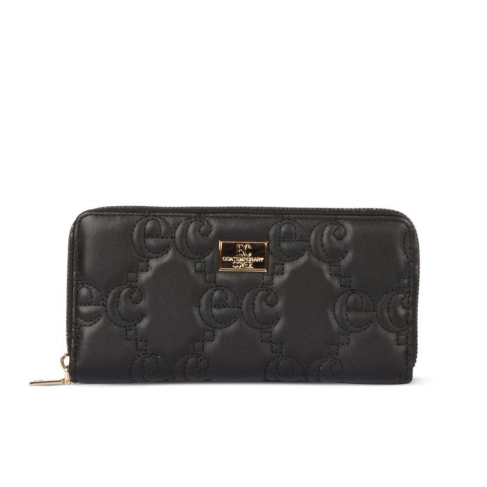 Portafoglio donna nero orizzontale con zip effetto trapuntato