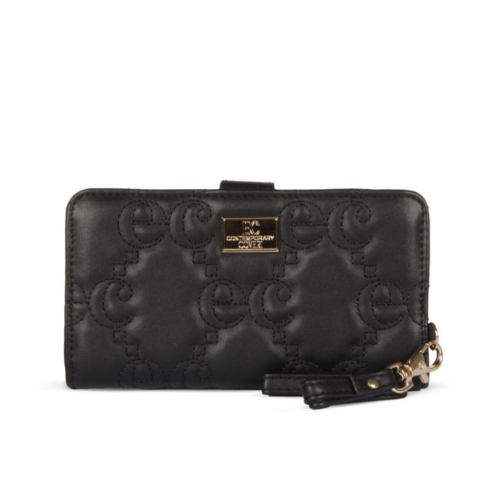 Portafoglio donna nero effetto trapuntato con tracollina portachiavi