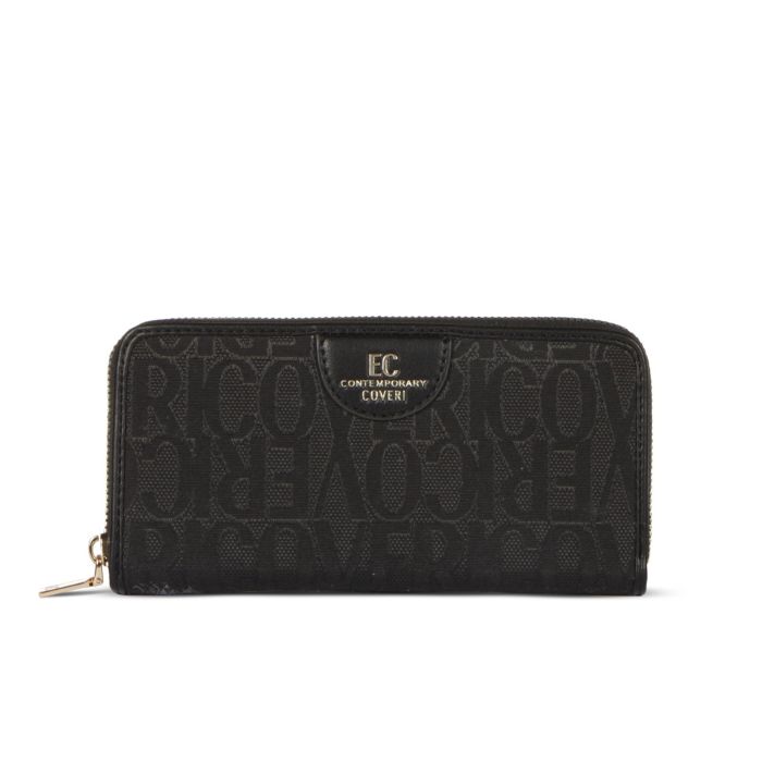 Portafoglio donna nero in fantasia multilogo con zip