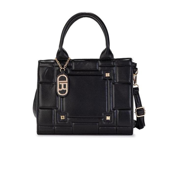 Bauletto nero rigido con tracolla e charm logo oro