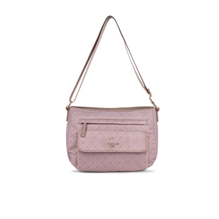 Borsa rosa da donna con tracolla in tessuto e tasca frontale