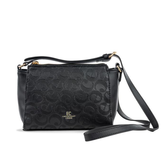 Borsa nera da donna con tracolla e stampa multi-logo