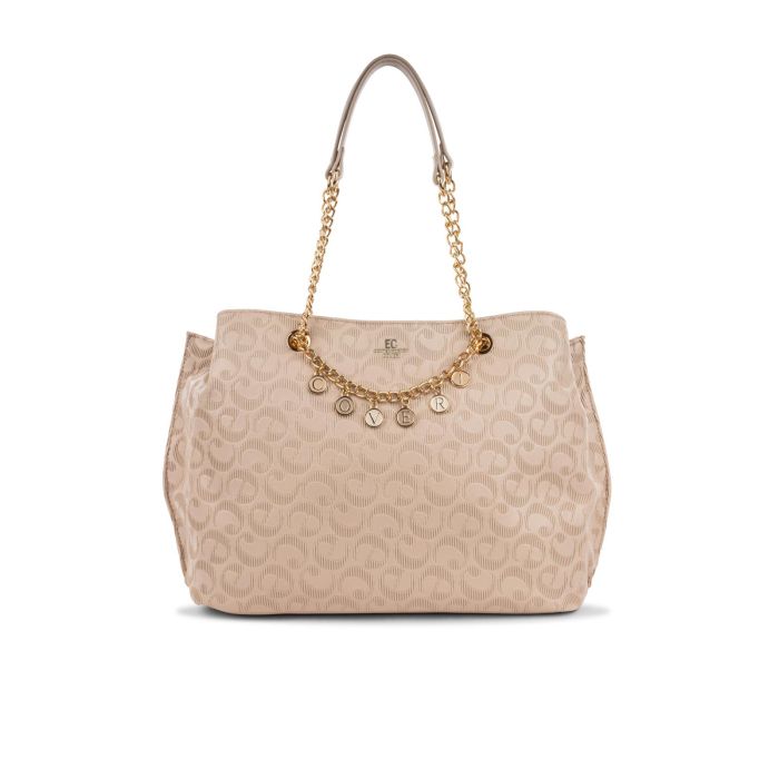 Borsa beige da donna con manici con dettaglio catena e ciondoli