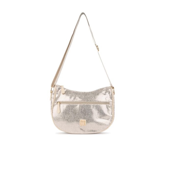 Moon bag argento da donna con tracolla in tessuto e zip