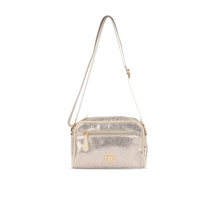 Borsa argento da donna con tracolla regolabile in tessuto e tasca frontale